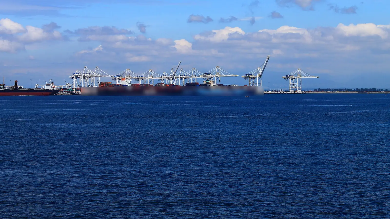 Ship-to-shore cranes and container ships at a West Coast port